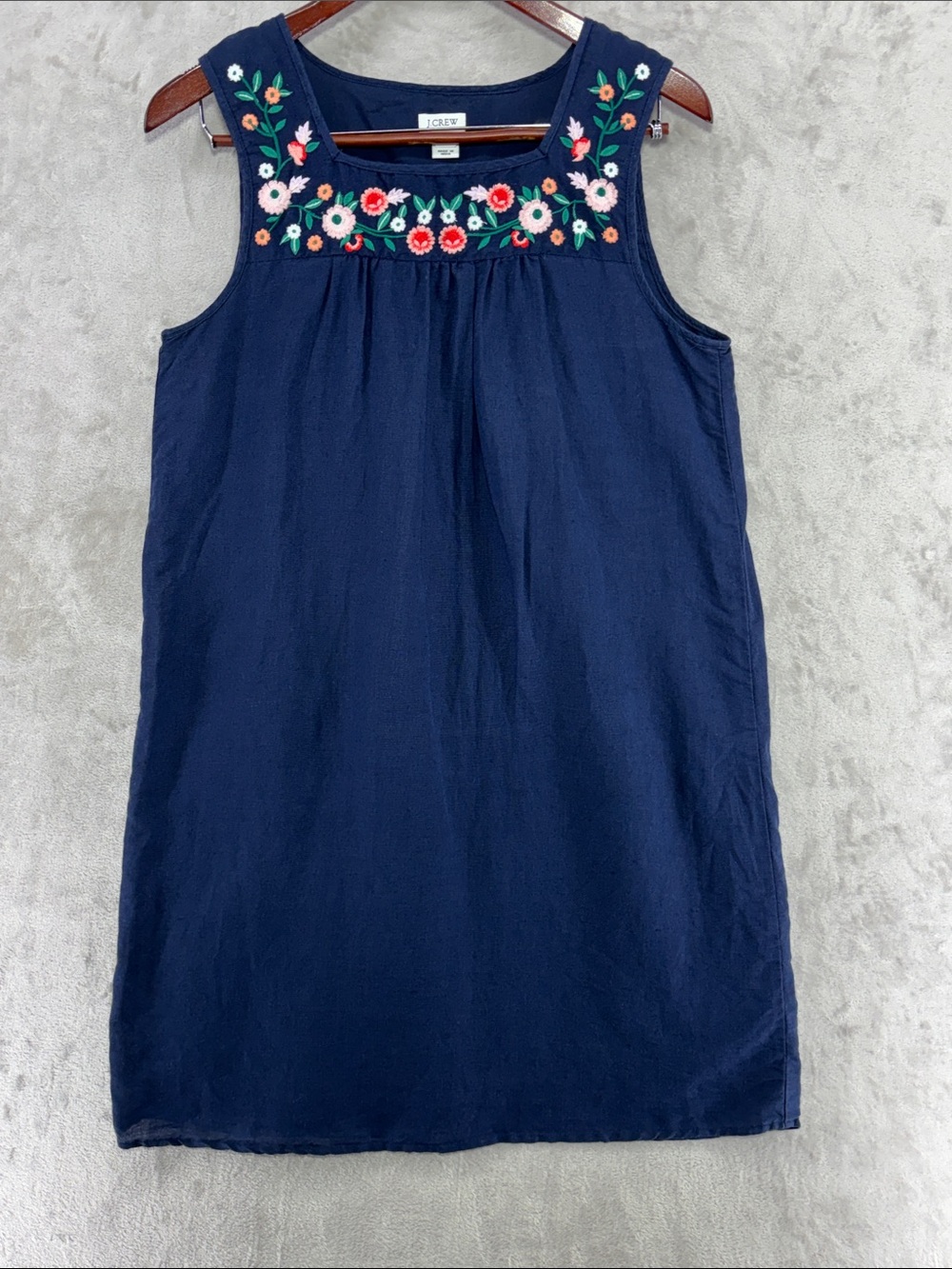 J.Crew Linen Blend Sleeveless Navy Blue Floral Embroidery Shift Dress Size S